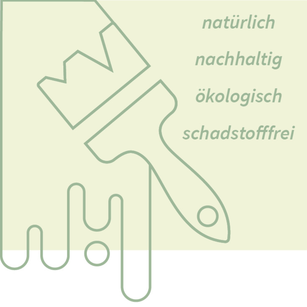 Minimalistische Umrisse eines Pinsels und der Farbe die er aufträgt in dunkelgrün. rechts daneben der Text "natürlich nachhaltig ökologisch schadstofffrei" ebenfalls in dunkelgrün, Hintergrund hellgrün