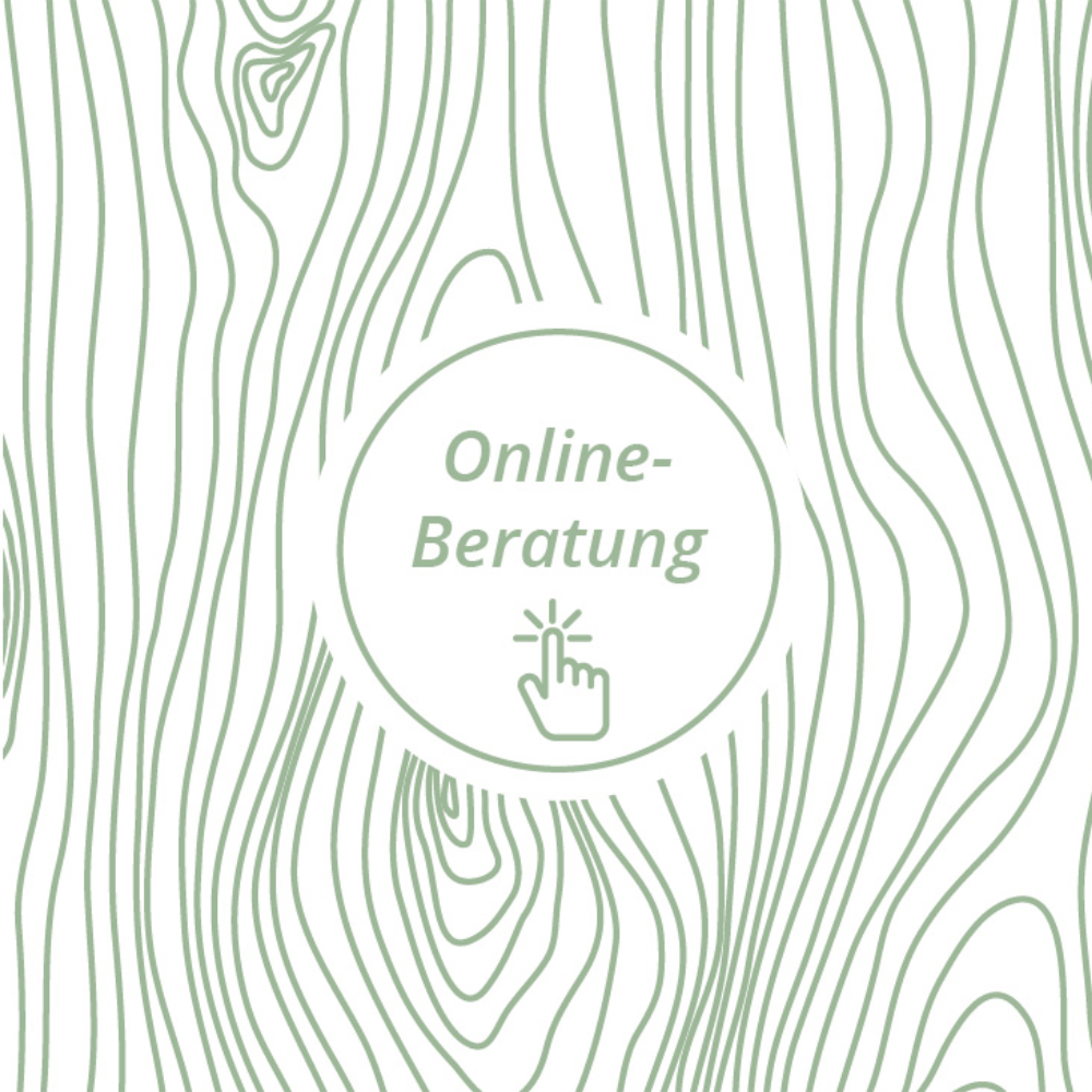 grüne Linien, die die Maserung eines Baumes darstellen sollen, in der Mitte ein weißer Kreis mit grünem Rand und dem Text "Online-Beratung" ebenfalls in grün. Unter dem Text ein Klick-Symbol (Hand mit ausgestrecktem Zeigefinger) Hintergrund weiß